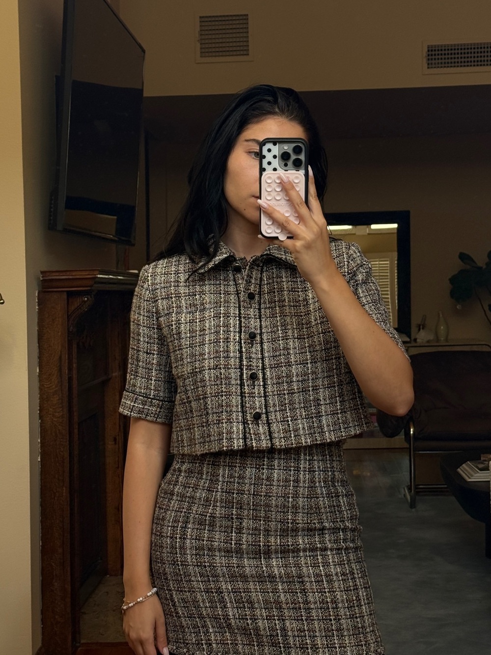 Sandro Cropped Plaid Button-Front Women's Top and skirt in Brown